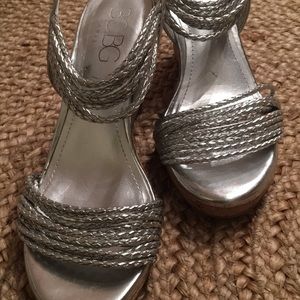 BCBG Silver Wedge Sandals, Size 8